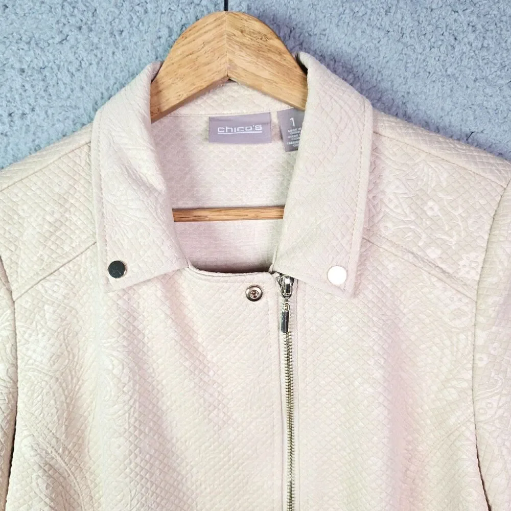 Chicos Moto Jacket Cream 1 Textured Asym Zip 34 Sleeve Minimalist